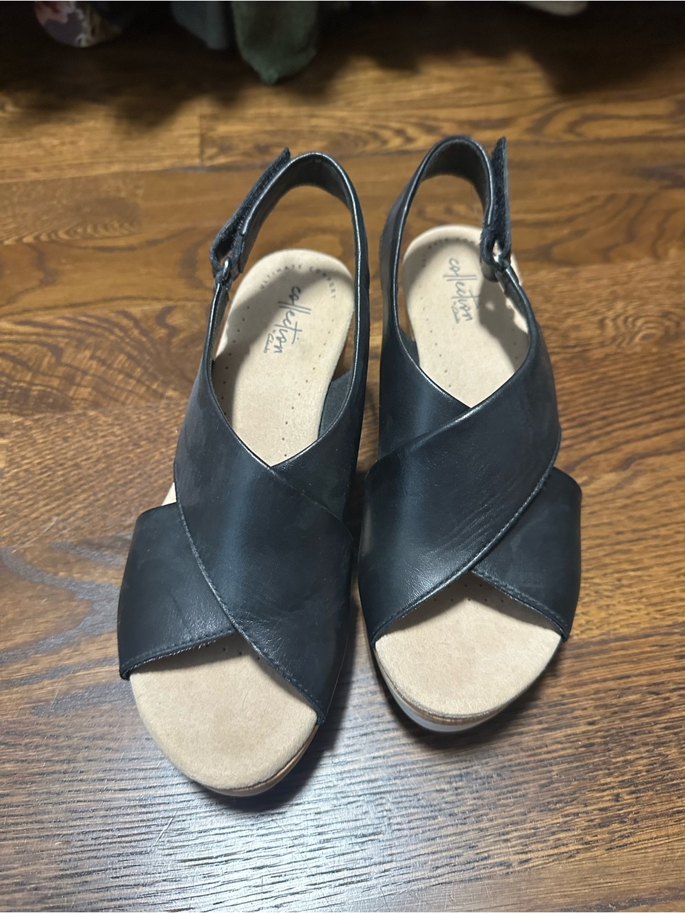 Clarks Black Leather Crisscross Slingback Sandals